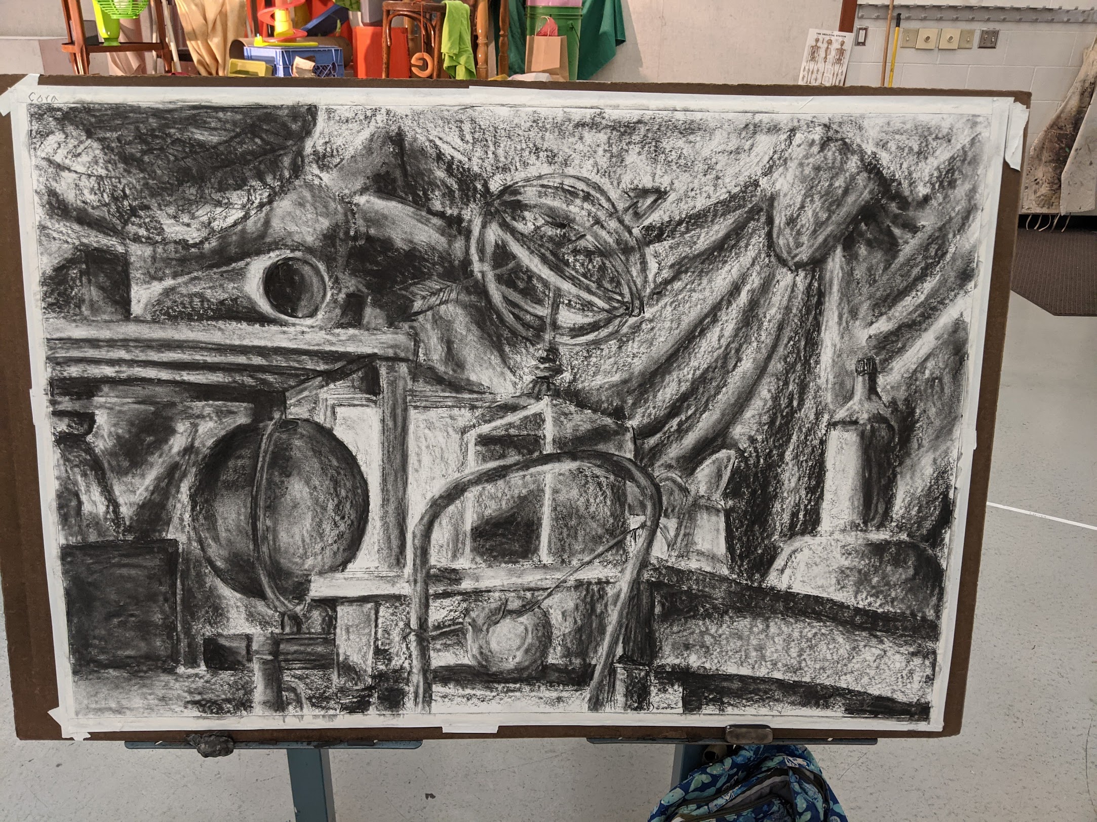 a charcoal drawing of a collection of objects