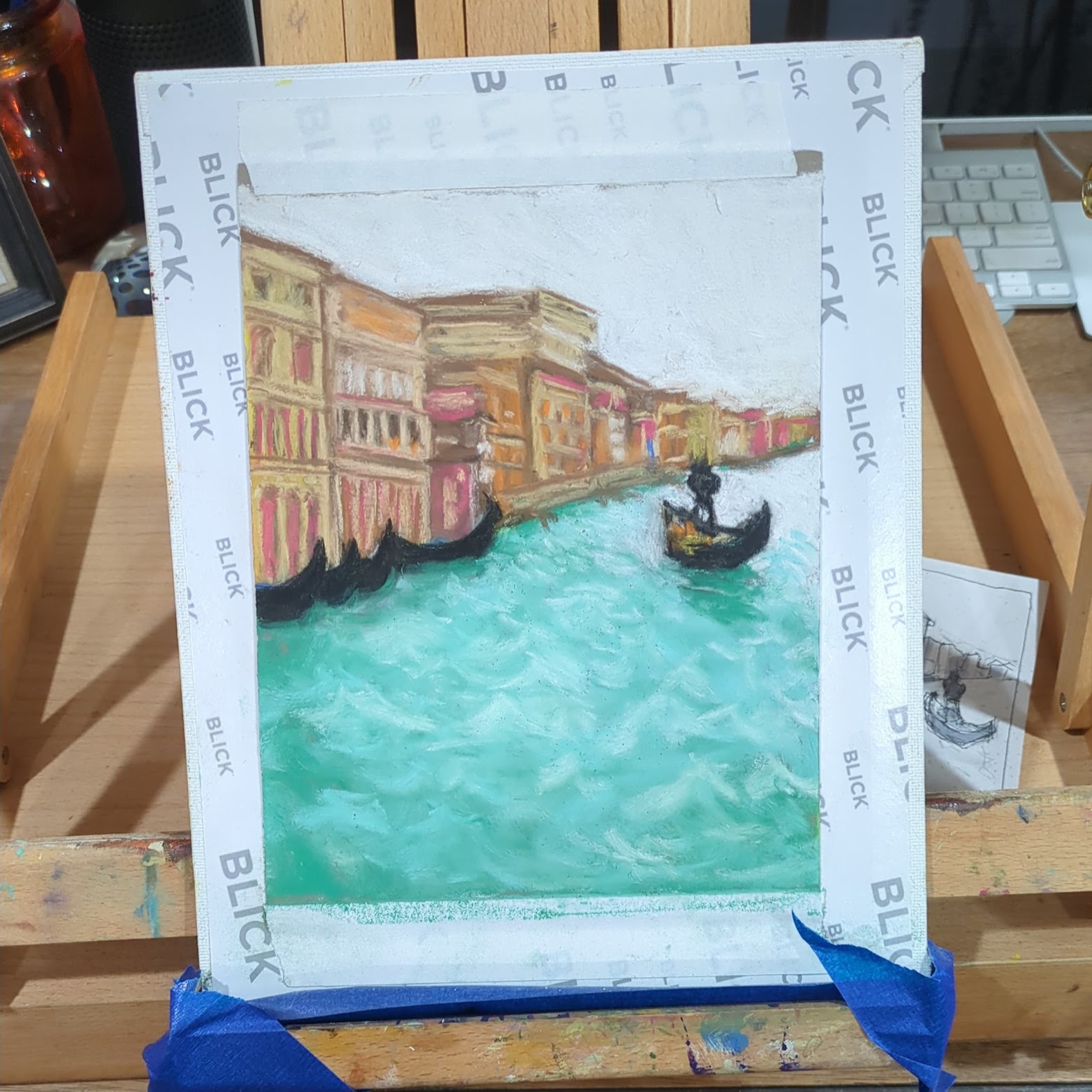 a pastel drawing of a canal in venice