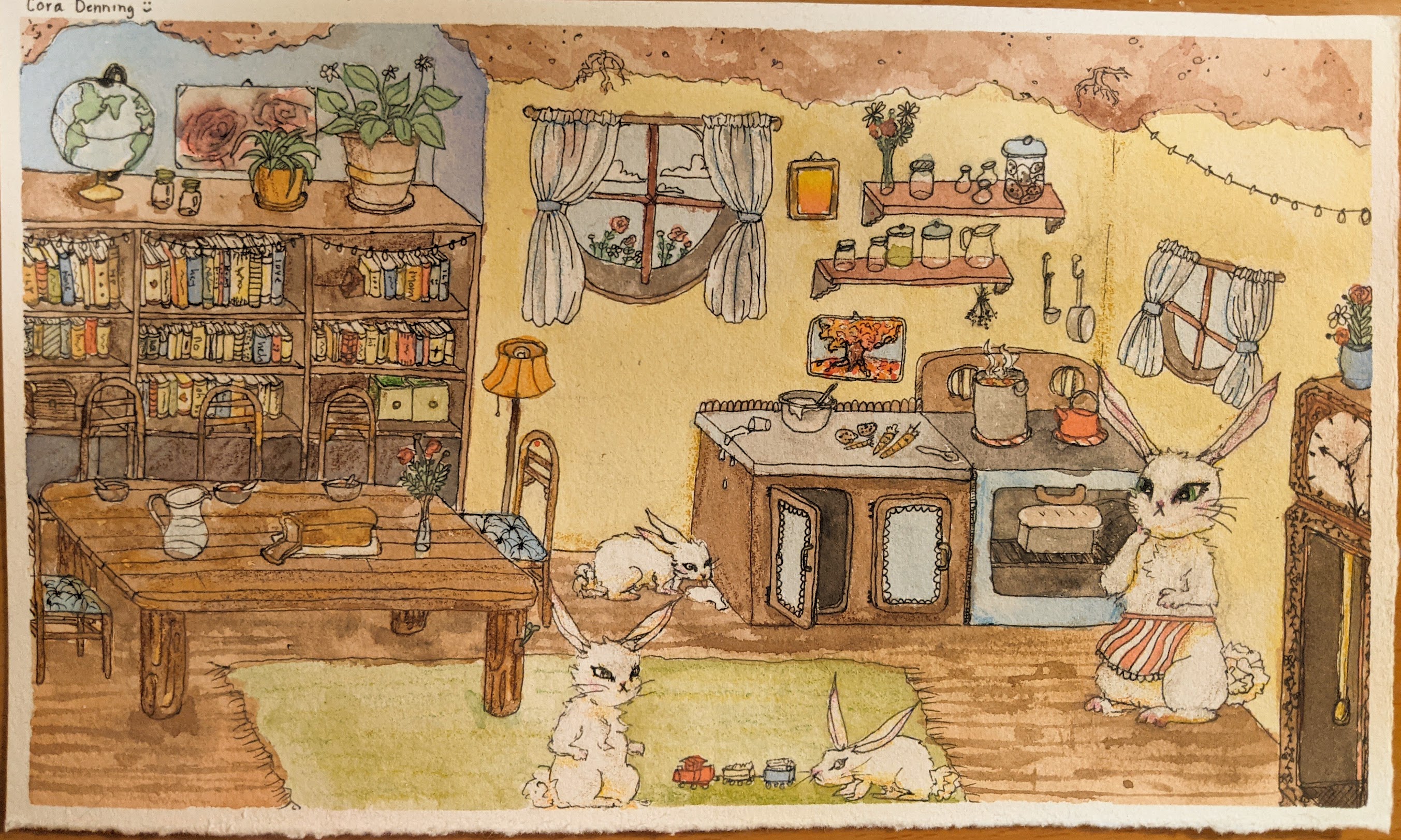 a watercolor painting of a small kitchen with bunny figures